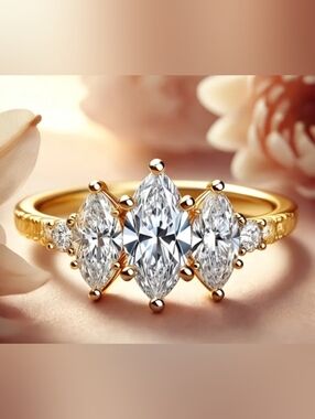 ♥️ 5/$20 Gold Marquise Triple Stone Cubic Zirconia Ring Size 8